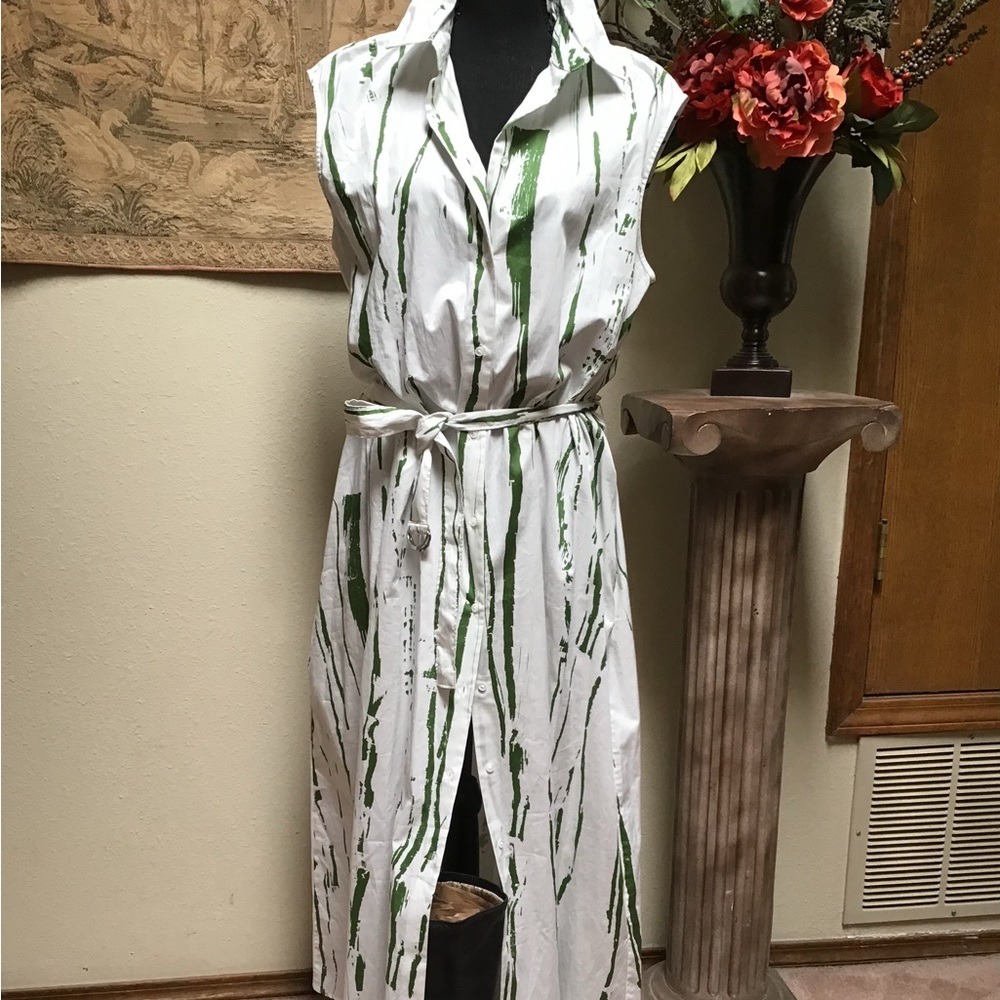 Banana Republic White Maxi Shirt Dress with Green Brushstroke Print